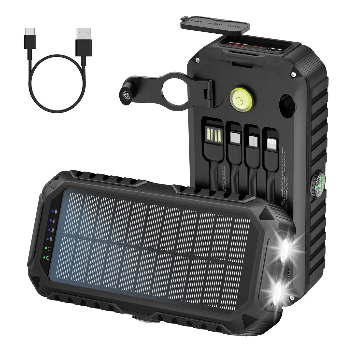 40,000mAh Solar Power Bank with Hand Crank, Built-in 4 Cables, Compass & Level, LED Flashlight - Portable Charger for Camping