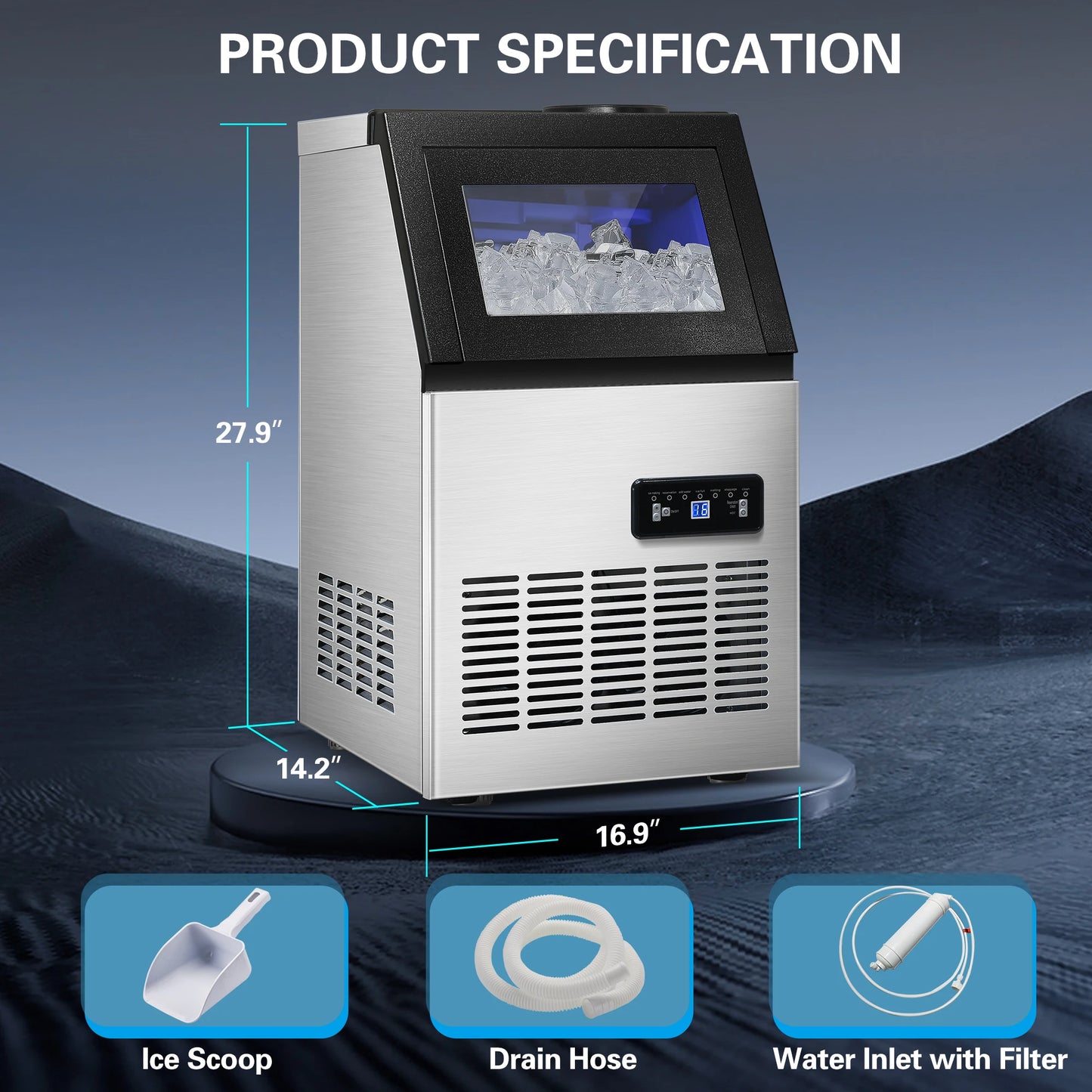 120LBS/24H, Stainless Steel, Adjustable Thickness, Self-Cleaning, Quiet, 40 Cubes/Cycle Commercial Ice Maker