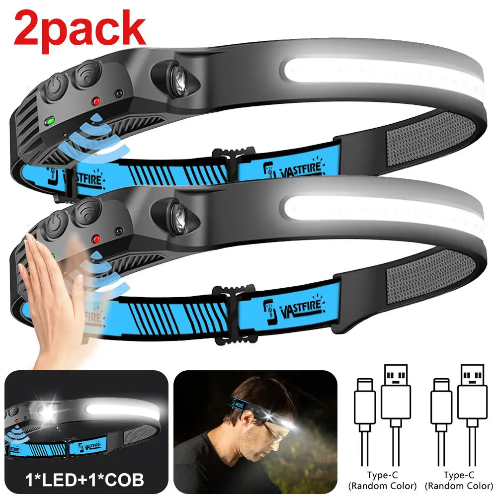 2PCS LED Bright Headlight USB Rechargeable Head Flashlight Motion Sensor Portable For Camping Running Hiking Fishing