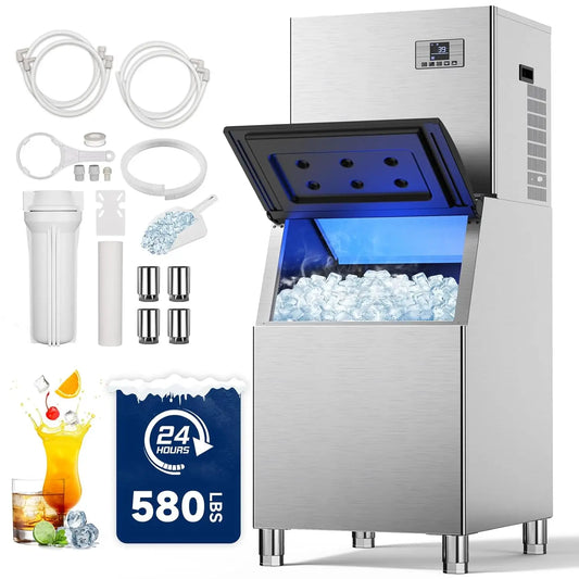 Commercial 580Lbs/24H Ice Maker Machine,Ice Ready in 5-15 min,380Lbs Large Storage,1033W Stainless Steel 210pcs Cube Ice Machi