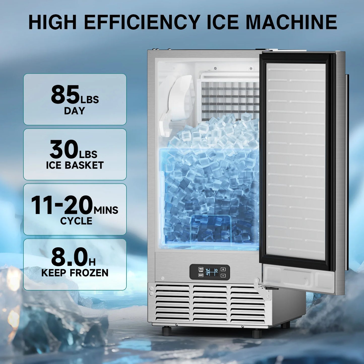 15" Commercial Under Counter Ice Maker Machine 85lb/Day Auto-Cleaning Gravity Drainage Built-in Freestanding Ice Maker 30lbs Bin