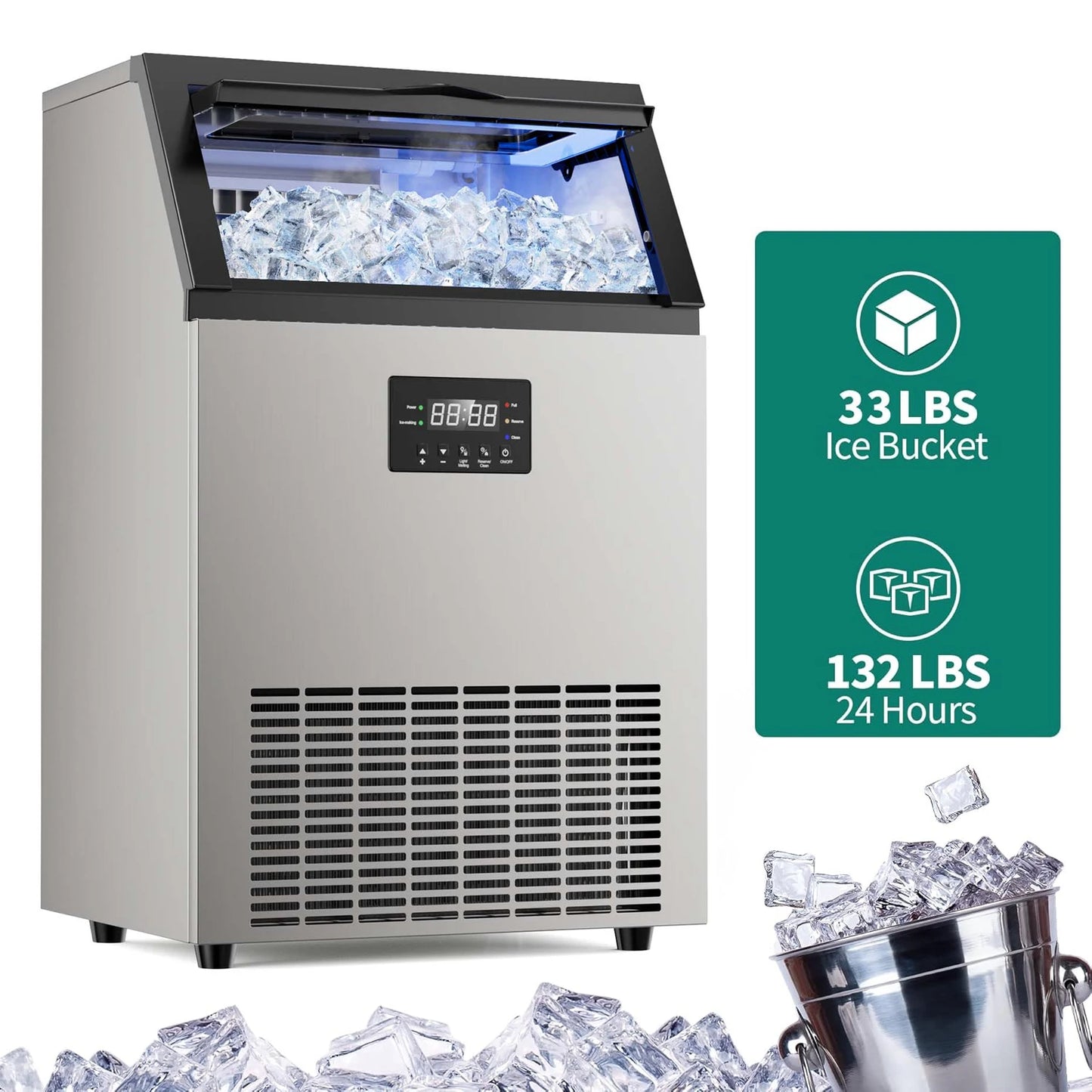 Commercial Ice Maker Machine Stainless Steel Under Counter Ice Maker with 34LBS Ice Bin Freestanding Ice Machine for Home Cafe