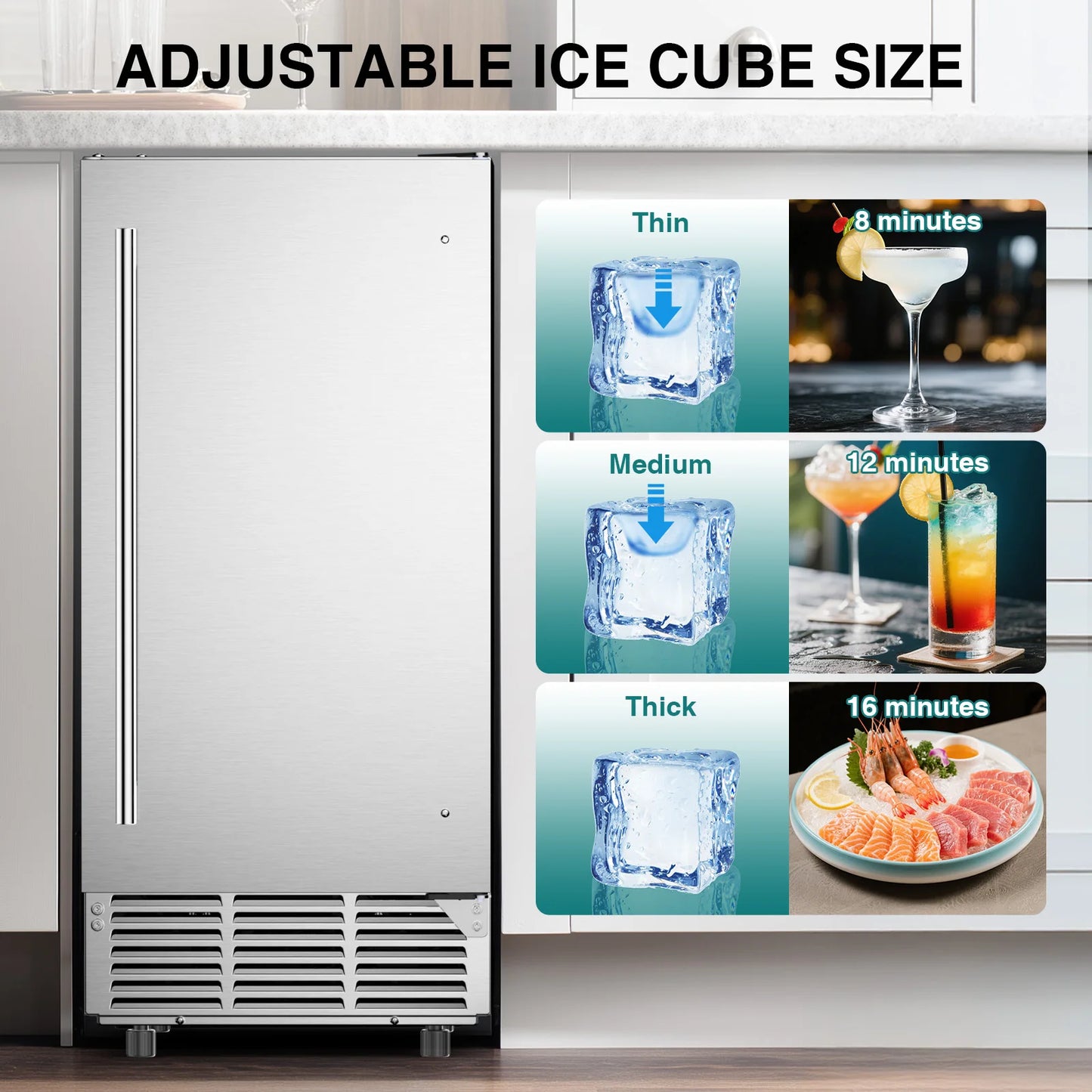 15" Commercial Under Counter Ice Maker Machine 85lb/Day Auto-Cleaning Gravity Drainage Built-in Freestanding Ice Maker 30lbs Bin