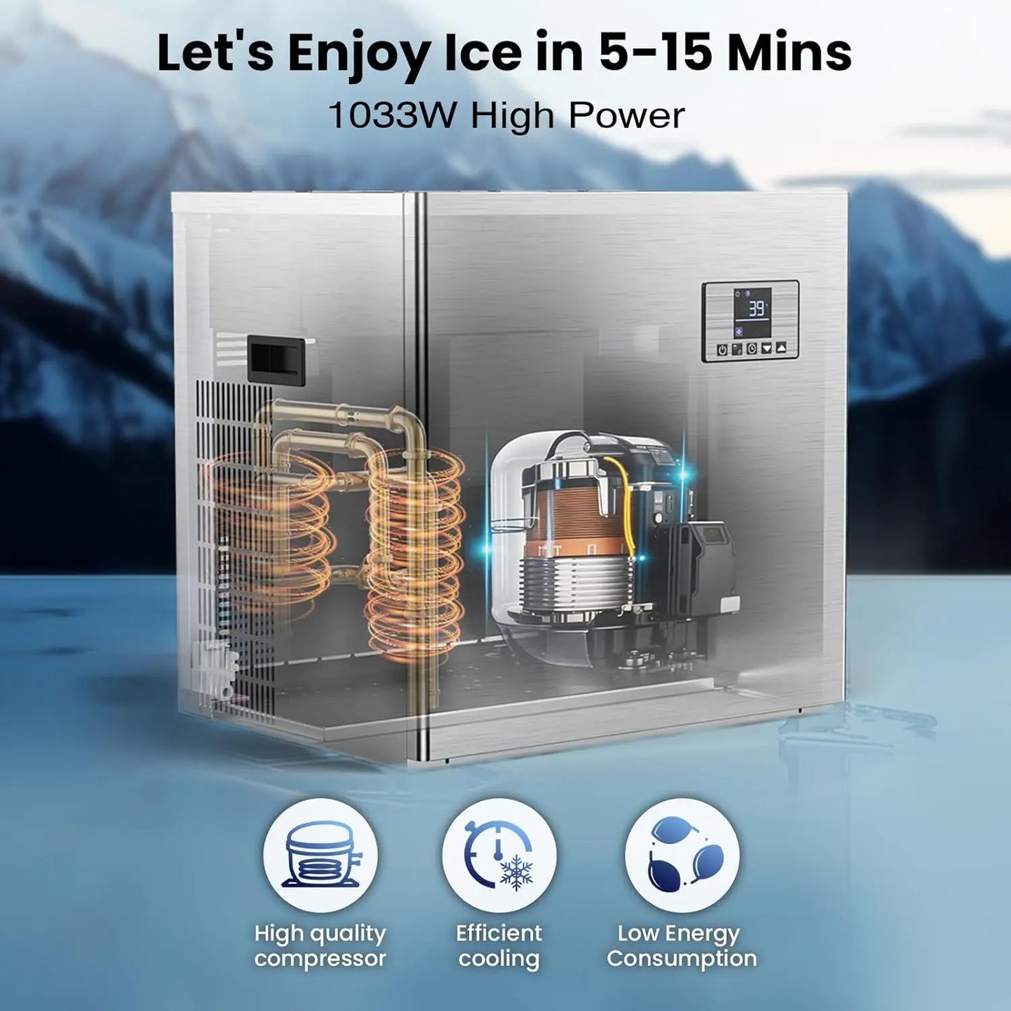 Commercial 580Lbs/24H Ice Maker Machine,Ice Ready in 5-15 min,380Lbs Large Storage,1033W Stainless Steel 210pcs Cube Ice Machi