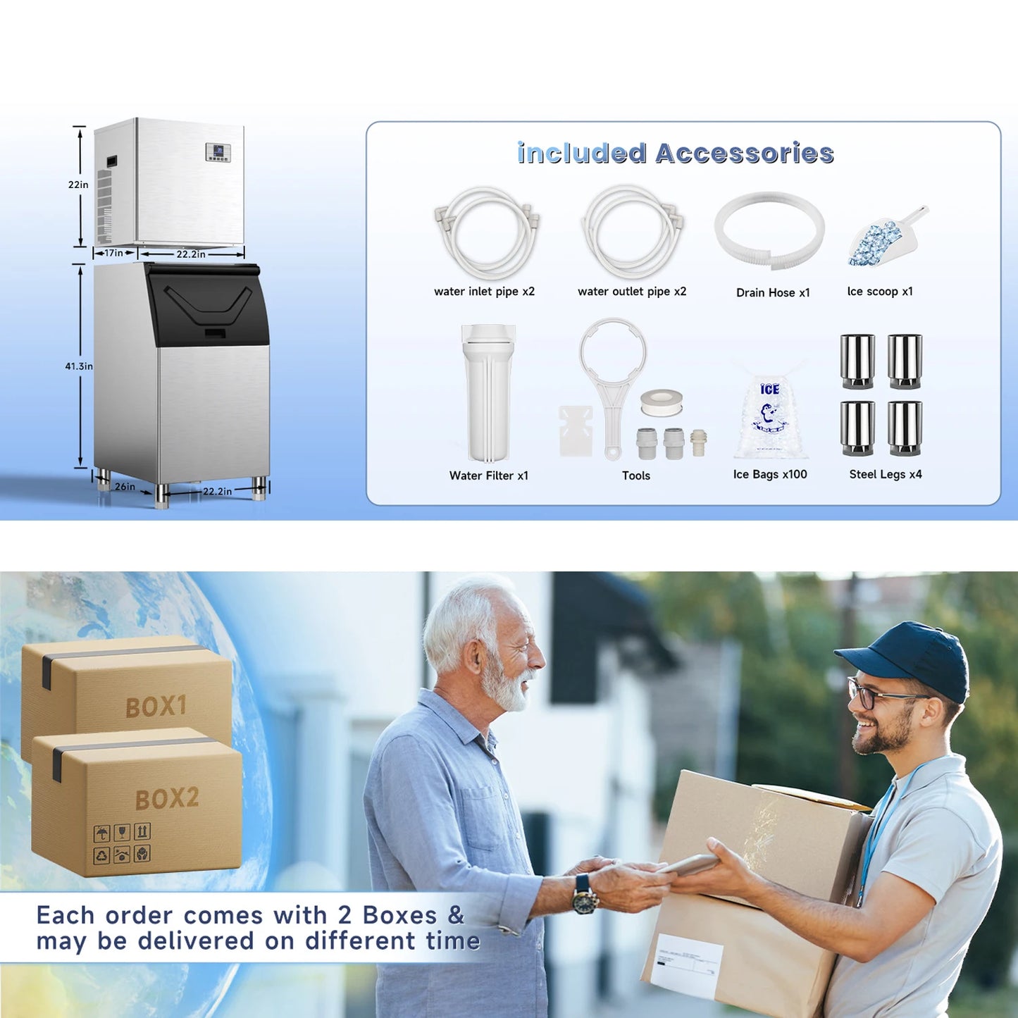 Commercial 580Lbs/24H Ice Maker Machine,Ice Ready in 5-15 min,380Lbs Large Storage,1033W Stainless Steel 210pcs Cube Ice Machi