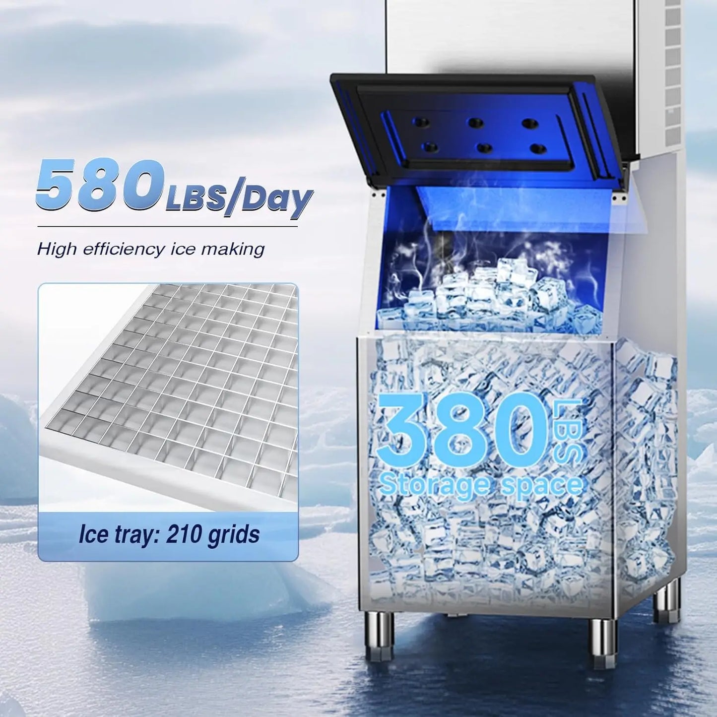 Commercial 580Lbs/24H Ice Maker Machine,Ice Ready in 5-15 min,380Lbs Large Storage,1033W Stainless Steel 210pcs Cube Ice Machi