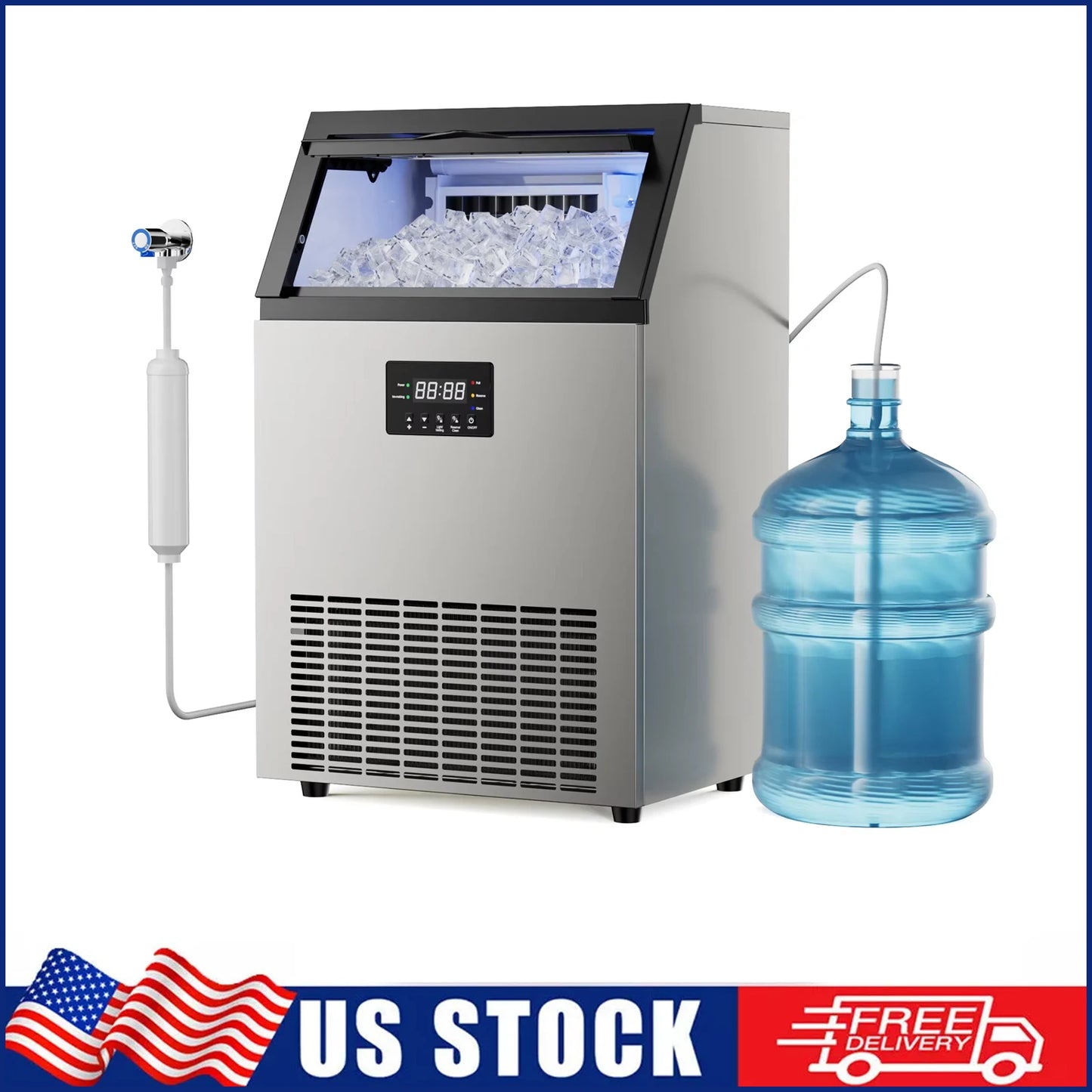 Commercial Ice Maker Machine Stainless Steel Under Counter Ice Maker with 34LBS Ice Bin Freestanding Ice Machine for Home Cafe