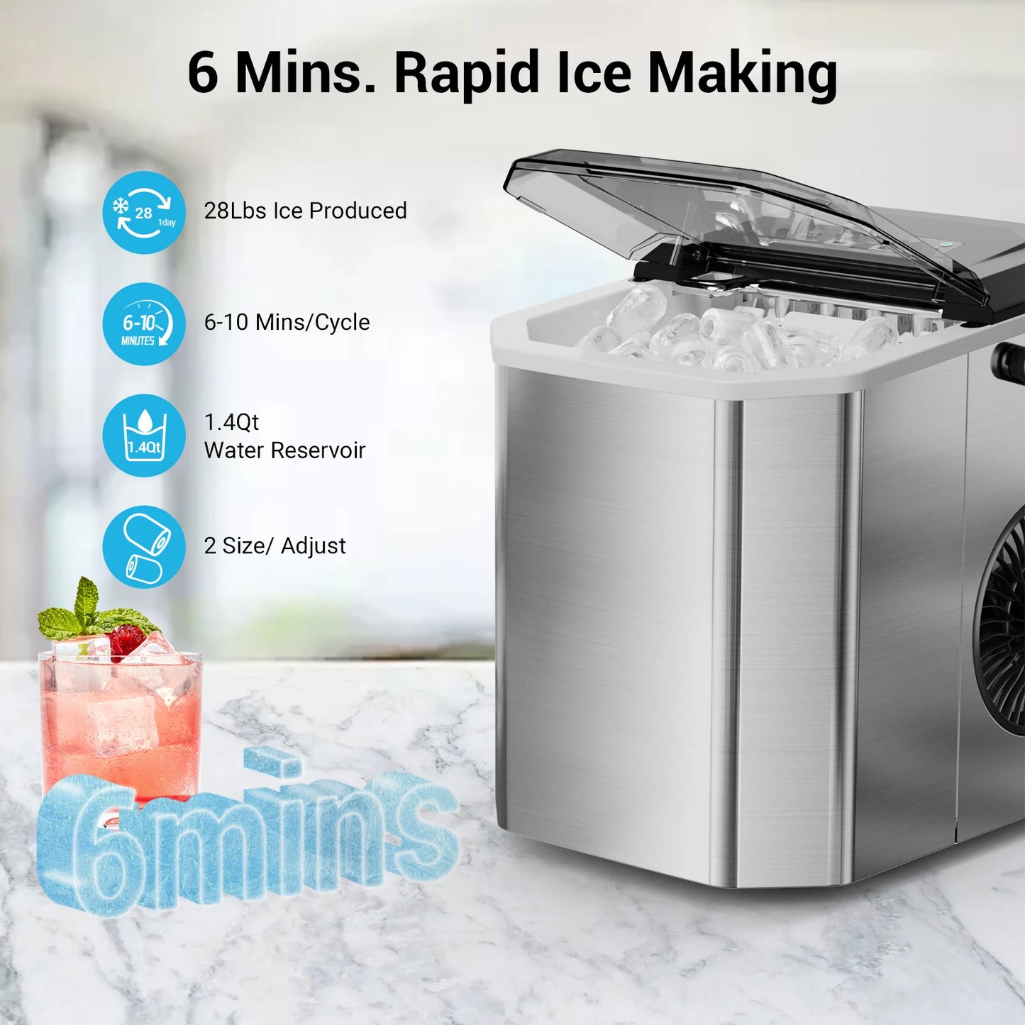 Smart Countertop Ice Makers, Portable Ice Maker Machine with Self-Cleaning, 6 Mins 9 Bullet Ice, 26lbs/24Hrs, for Home Camping