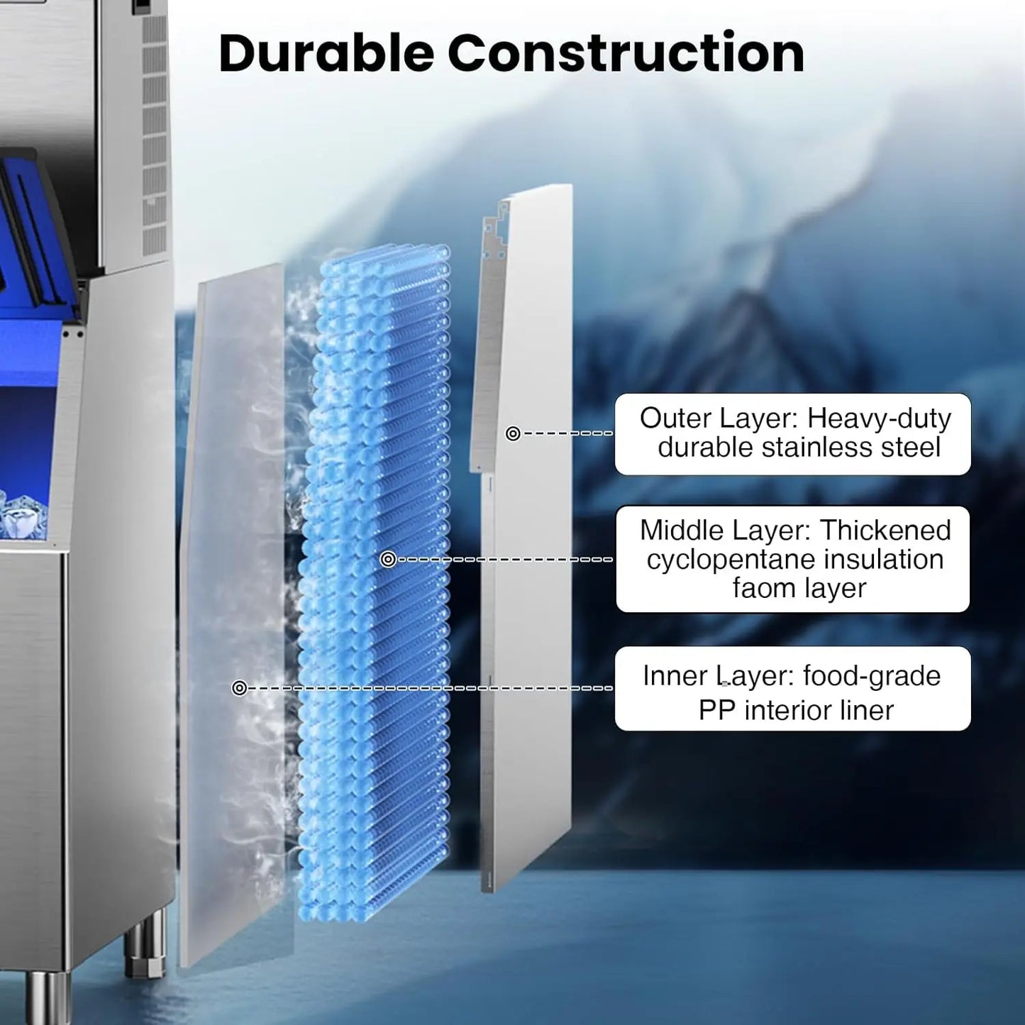 Commercial 580Lbs/24H Ice Maker Machine,Ice Ready in 5-15 min,380Lbs Large Storage,1033W Stainless Steel 210pcs Cube Ice Machi