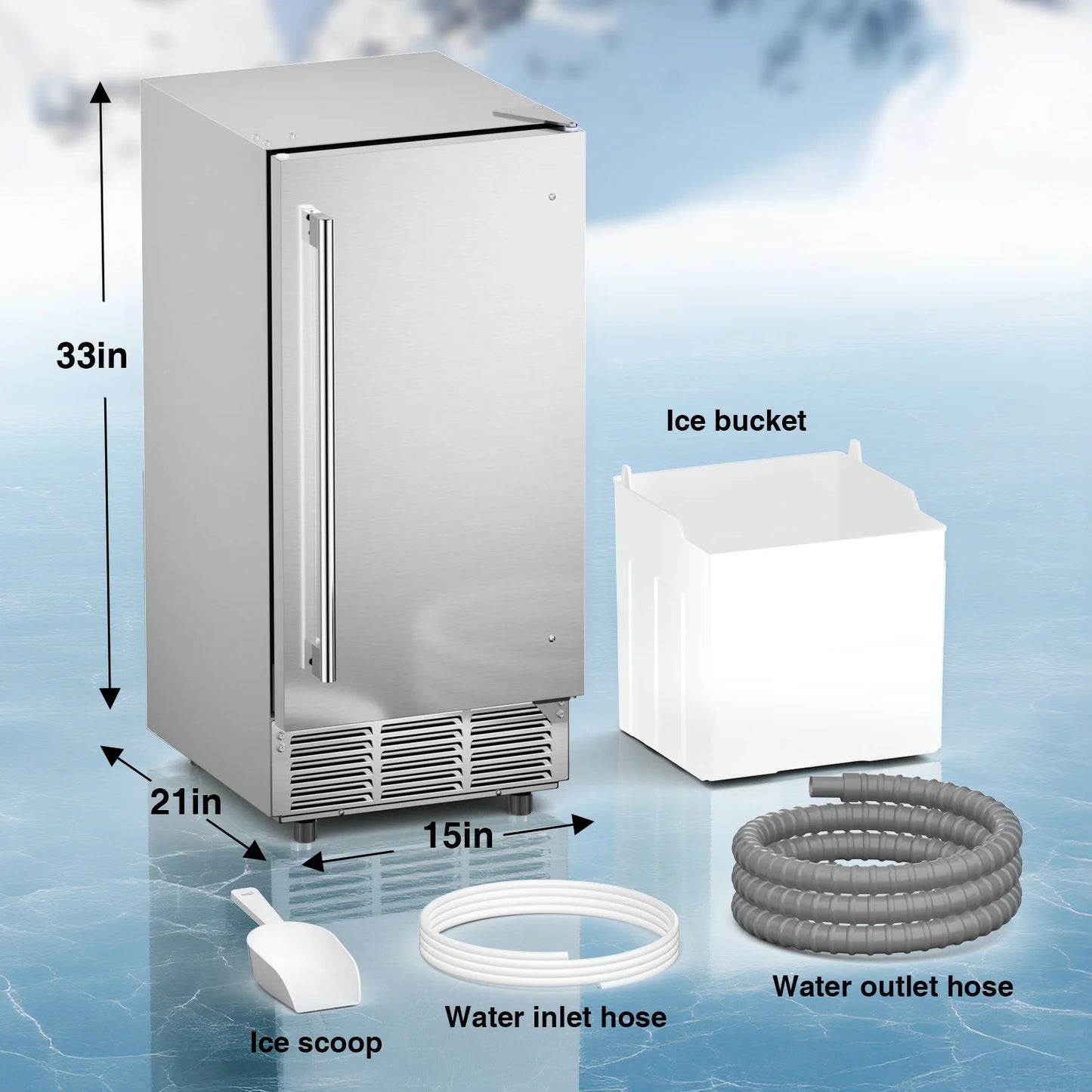 15" Commercial Under Counter Ice Maker Machine 85lb/Day Auto-Cleaning Gravity Drainage Built-in Freestanding Ice Maker 30lbs Bin