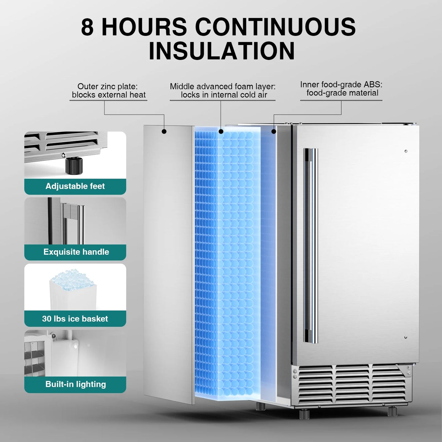 15" Commercial Under Counter Ice Maker Machine 85lb/Day Auto-Cleaning Gravity Drainage Built-in Freestanding Ice Maker 30lbs Bin