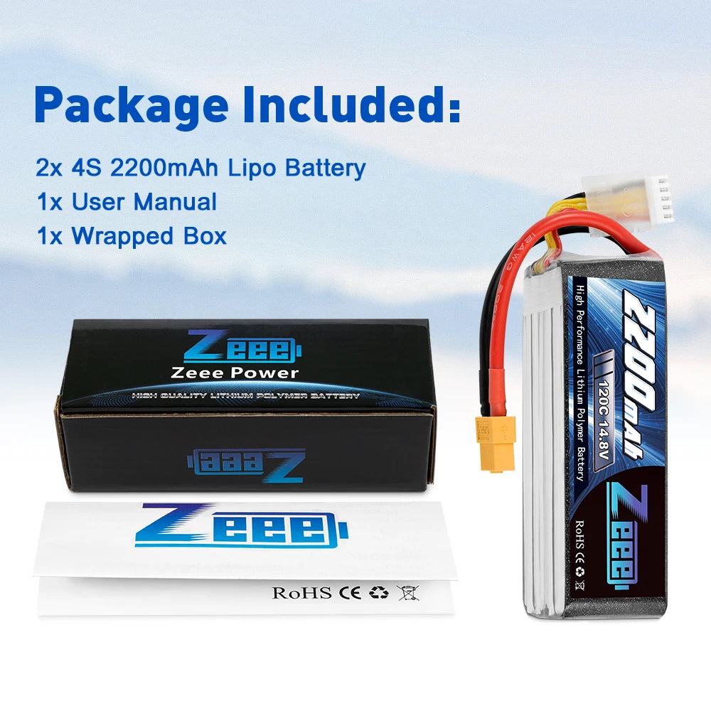 2pcs Zeee 4S 2200mAh LiPo Battery 14.8V 120C with XT60 Plug For FPV Drone RC Car Graphene Boat Helicopter Airplane RC Models