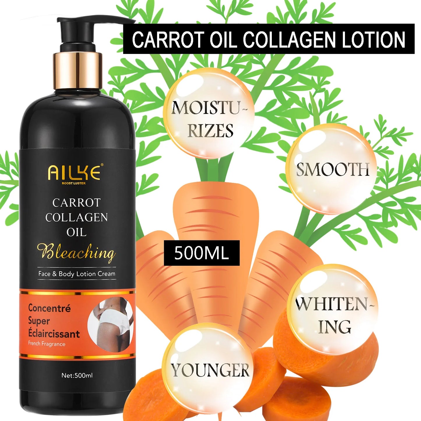 AILKE Whitening Body Lotion, Reduce Dark Spots, Even Skin Tone, With Collagen And Natural Carrot Oil, Skin Moisturizer, 500ml
