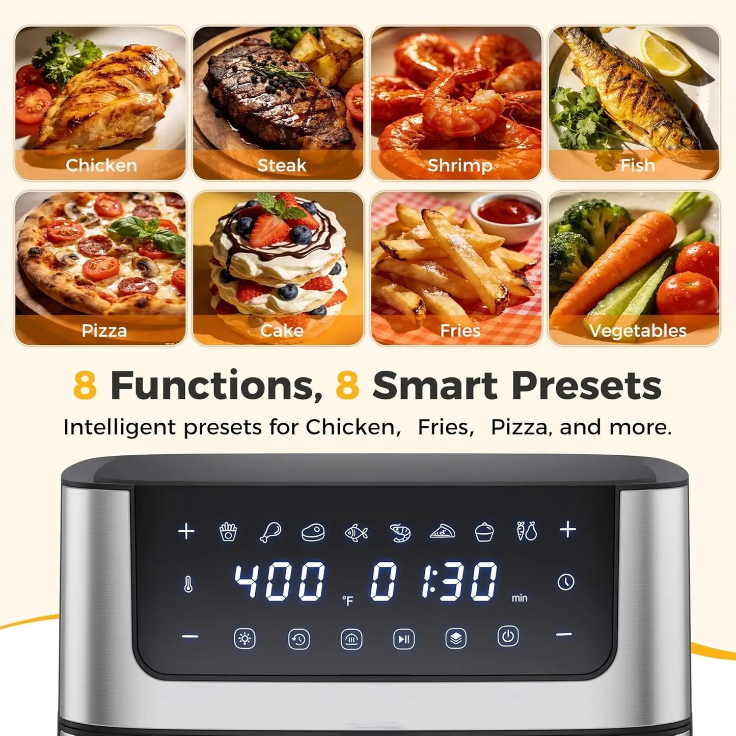 6.34QT Air Fryer with Visible Window, 400℉ Fast Heating, Nonstick Dishwasher-Safe Basket, 8-in-1 Presets