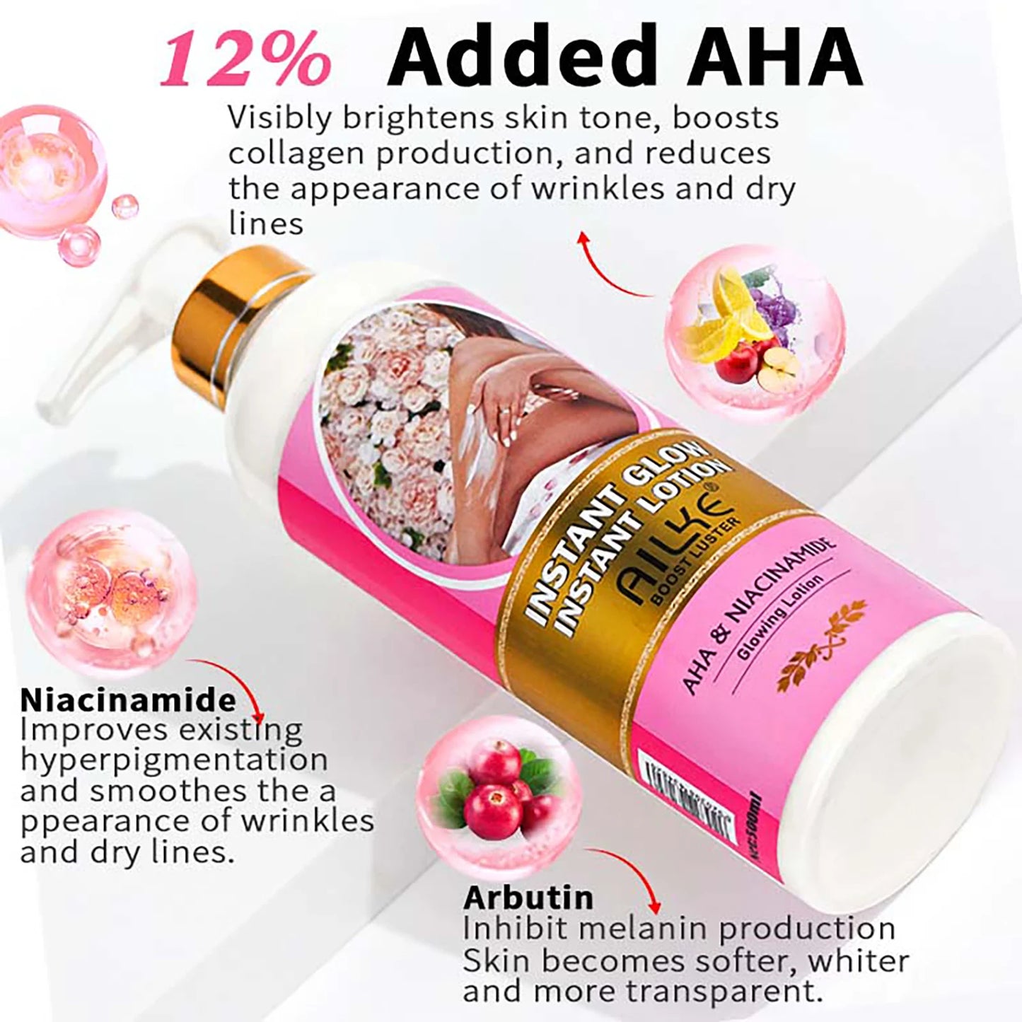 AILKE Skin Glowing Floral Body Lotion, Brightening, 24 Hours Moisturizing Cream, Silky Smooth Skin, For All Skin Types, 500ml