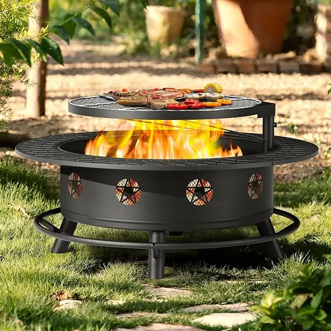43 Inch Fire Pit with BBQ Grill,  for Outside with Lid & Poker, Extra Large Heavy Duty Firepits,Wood Burning Fire Pits