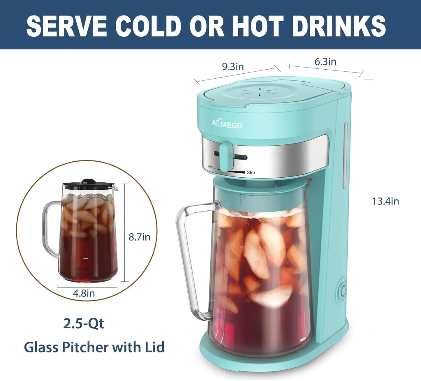 Iced Tea Maker, 2.5-Quart Glass Pitcher, Stainless Steel, Reusable Filter, Green