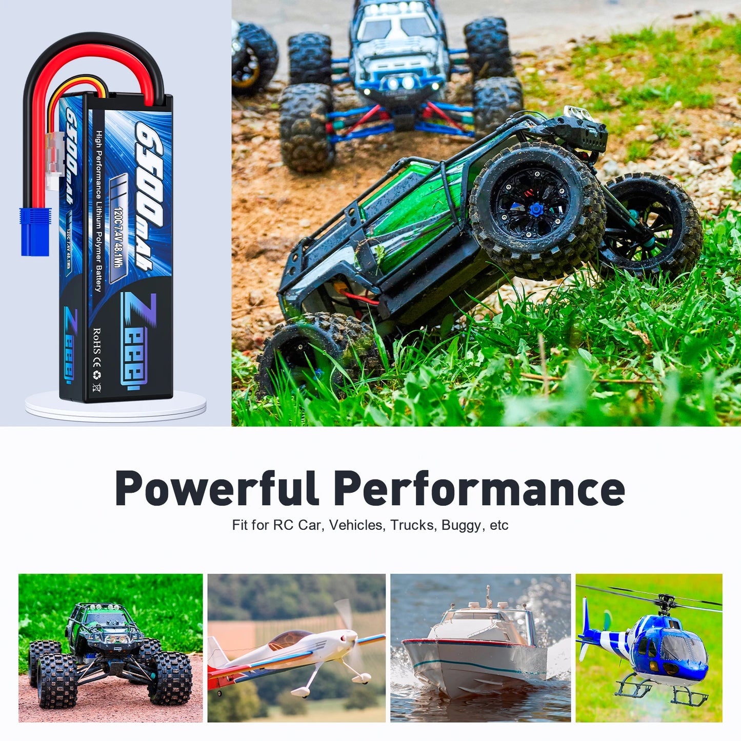 Zeee 2S 6500mAh Lipo Battery 7.4V 120C Hardcase with EC5 Plug for RC Car Truck Tank Truggy Boat Vehicles RC Racing Hobby Models