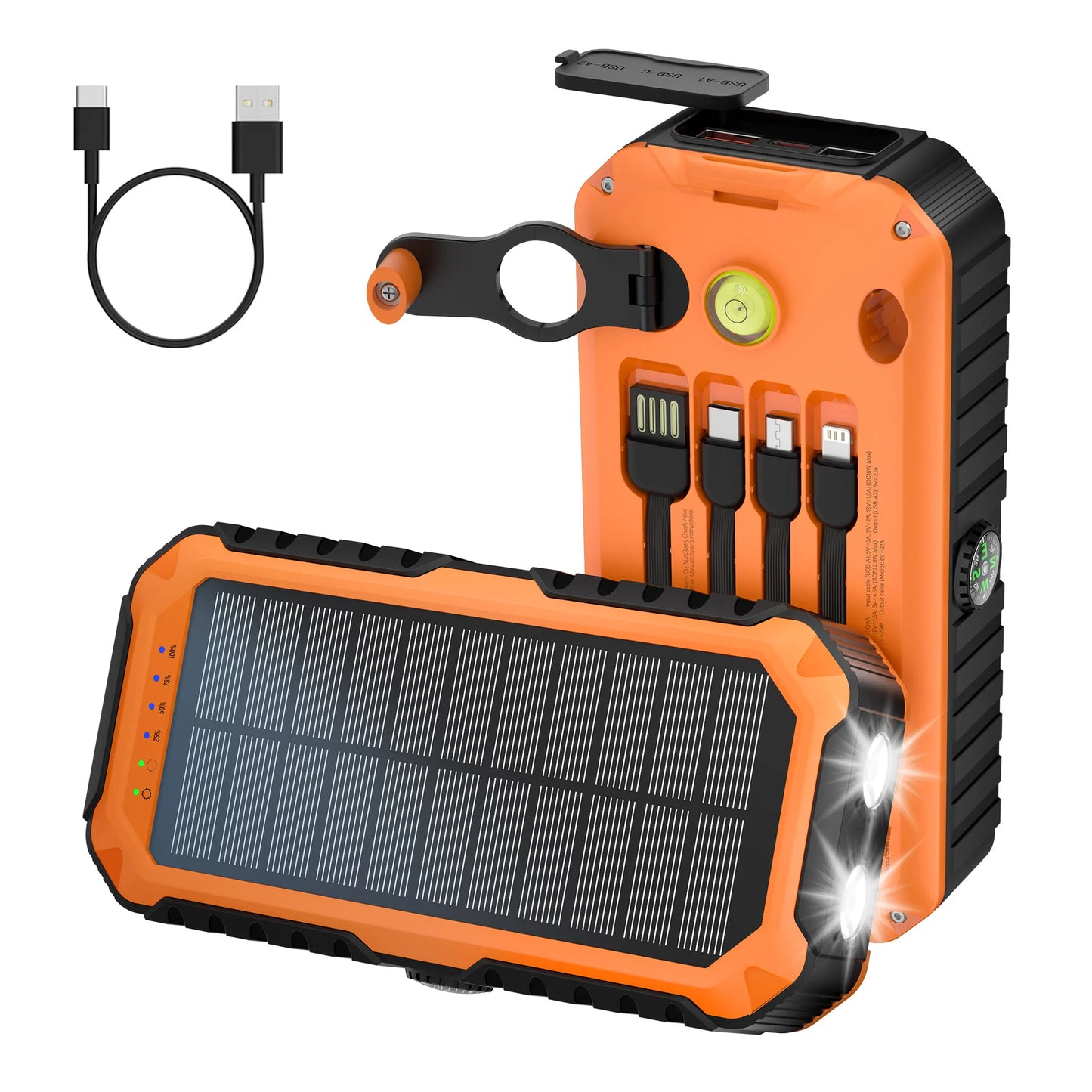 40,000mAh Solar Power Bank with Hand Crank, Built-in 4 Cables, Compass & Level, LED Flashlight - Portable Charger for Camping