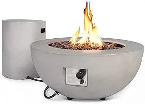 31.5 Inch Outdoor Propane Fire Pit Table w Tank Cover,50,000 BTU Round Burner, 2 Pieces Concrete Gas Fire Pit