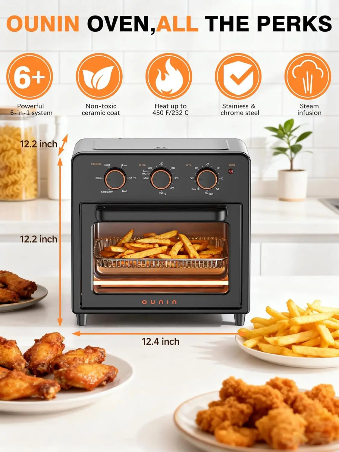 12L Compact Air Fryer & Toaster Oven with Steam Infusion, Fast Preheat, Bake, Grill, Broil Options