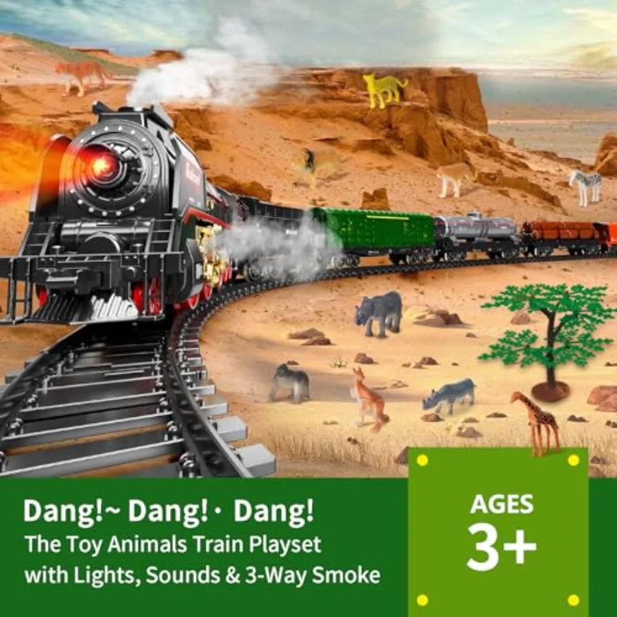 Model Train Set Remote Control Train Toys with 3Way Smoke Locomotive 5 Train Cars Luxury Track Kit 12 Animal Toys Authentic Tra
