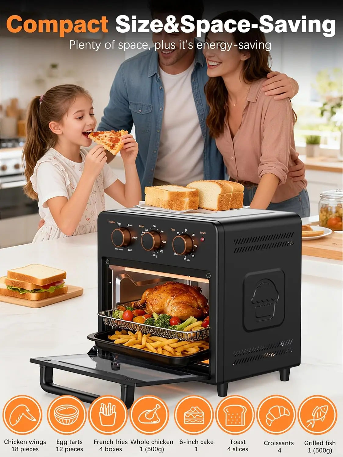 12L Compact Air Fryer & Toaster Oven with Steam Infusion, Fast Preheat, Bake, Grill, Broil Options