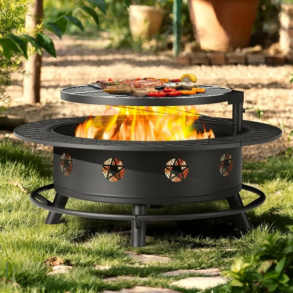 43 Inch Fire Pit with BBQ Grill,  for Outside with Lid & Poker, Extra Large Heavy Duty Firepits,Wood Burning Fire Pits
