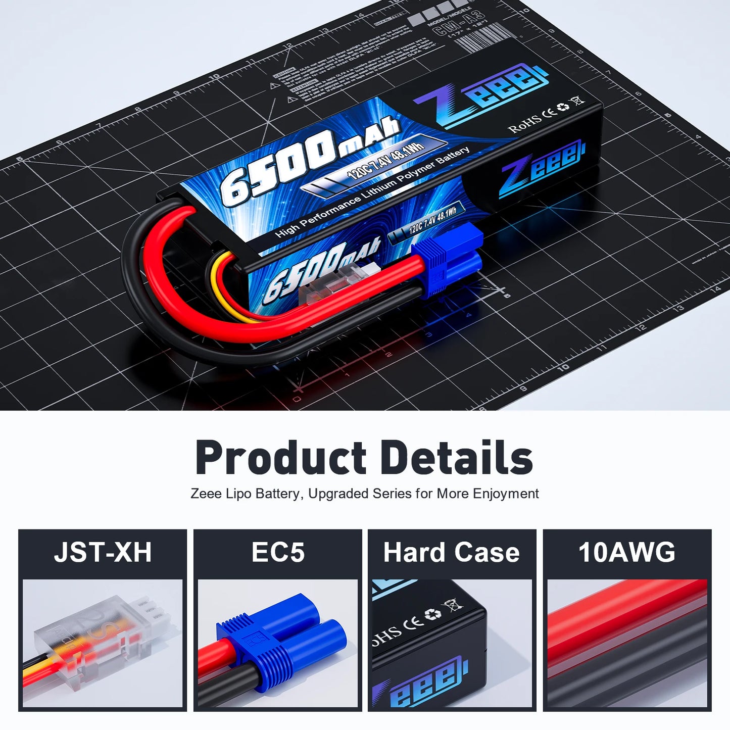 Zeee 2S 6500mAh Lipo Battery 7.4V 120C Hardcase with EC5 Plug for RC Car Truck Tank Truggy Boat Vehicles RC Racing Hobby Models