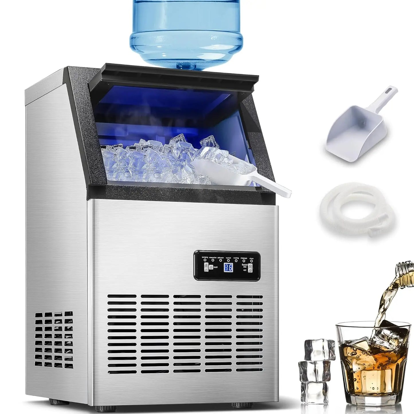 120LBS/24H, Stainless Steel, Adjustable Thickness, Self-Cleaning, Quiet, 40 Cubes/Cycle Commercial Ice Maker