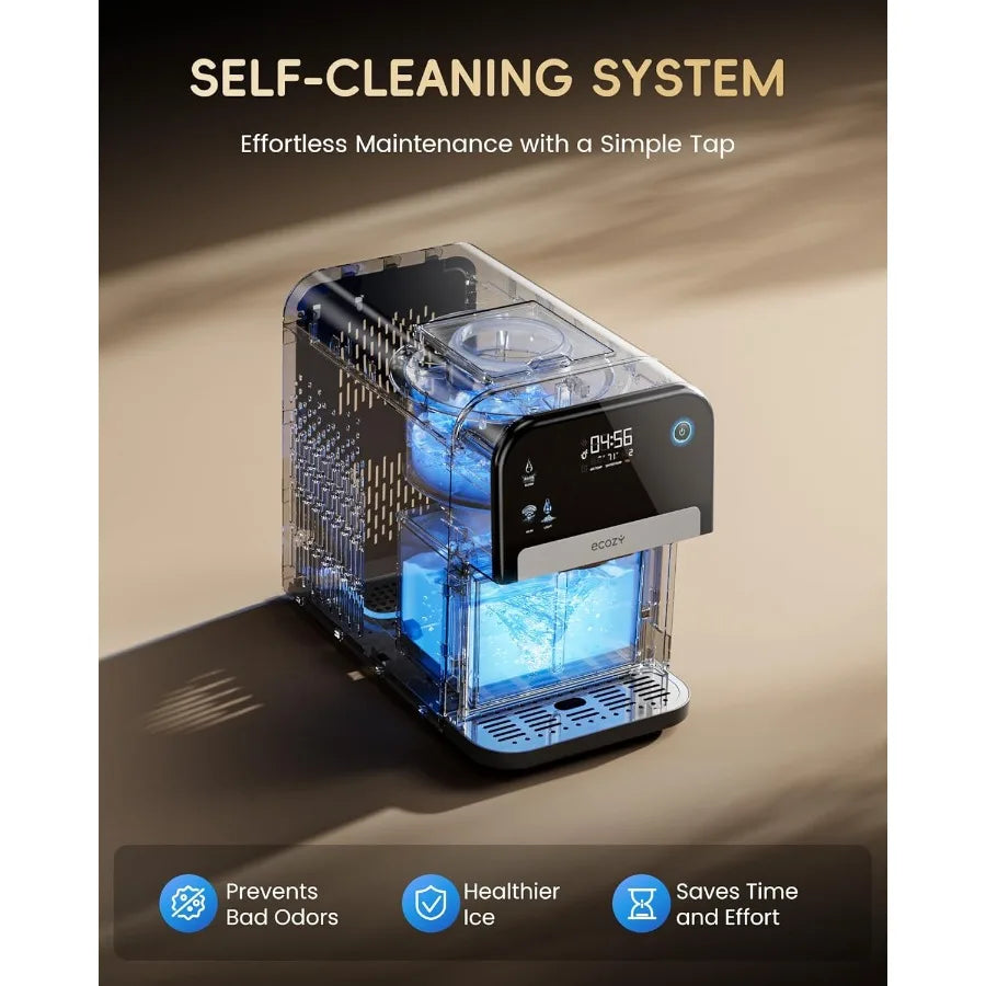 ecozy Nugget Ice Maker Dispenser Smart 2-in-1 Pebble Ice Machine Countertop Water Dispenser with App Control Self-Cleaning Auto