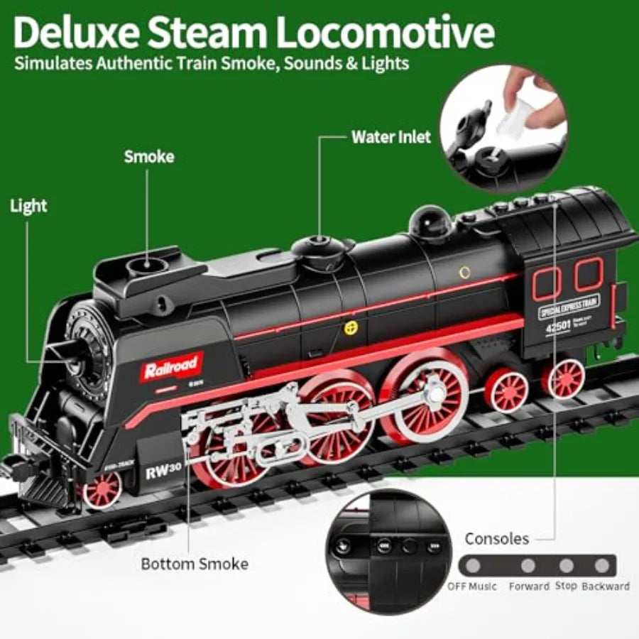 Model Train Set Remote Control Train Toys with 3Way Smoke Locomotive 5 Train Cars Luxury Track Kit 12 Animal Toys Authentic Tra