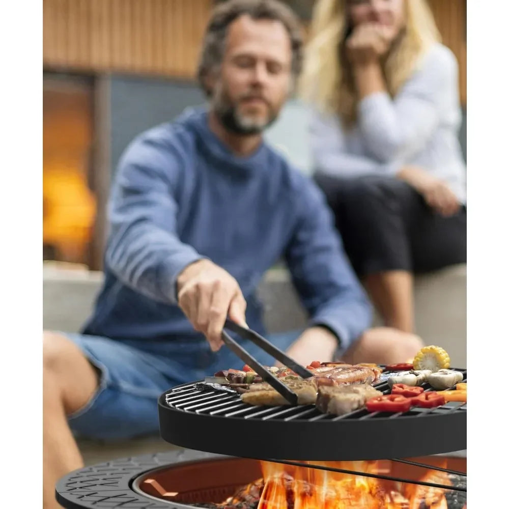 43 Inch Fire Pit with BBQ Grill,  for Outside with Lid & Poker, Extra Large Heavy Duty Firepits,Wood Burning Fire Pits