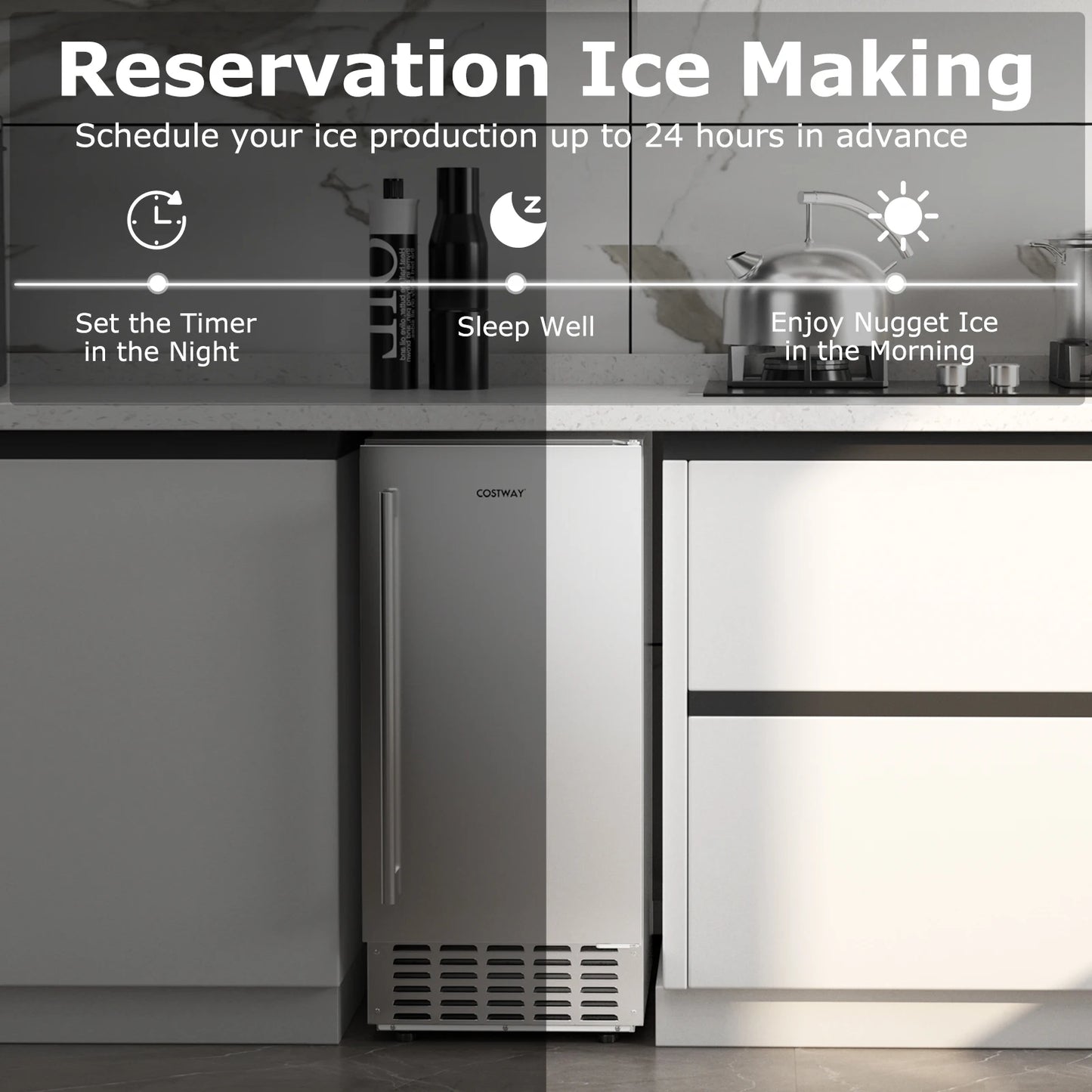 Under Counter Nugget Ice Maker w/Self-Cleaning 80 lbs/Day 24H Timer LCD Control