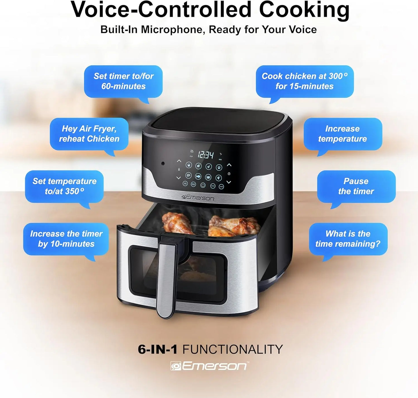 5.3QT 6-in-1 Air Fryer with Voice Control, No Internet Needed, Nonstick Basket, 1500W for Frying, Baking, Reheating