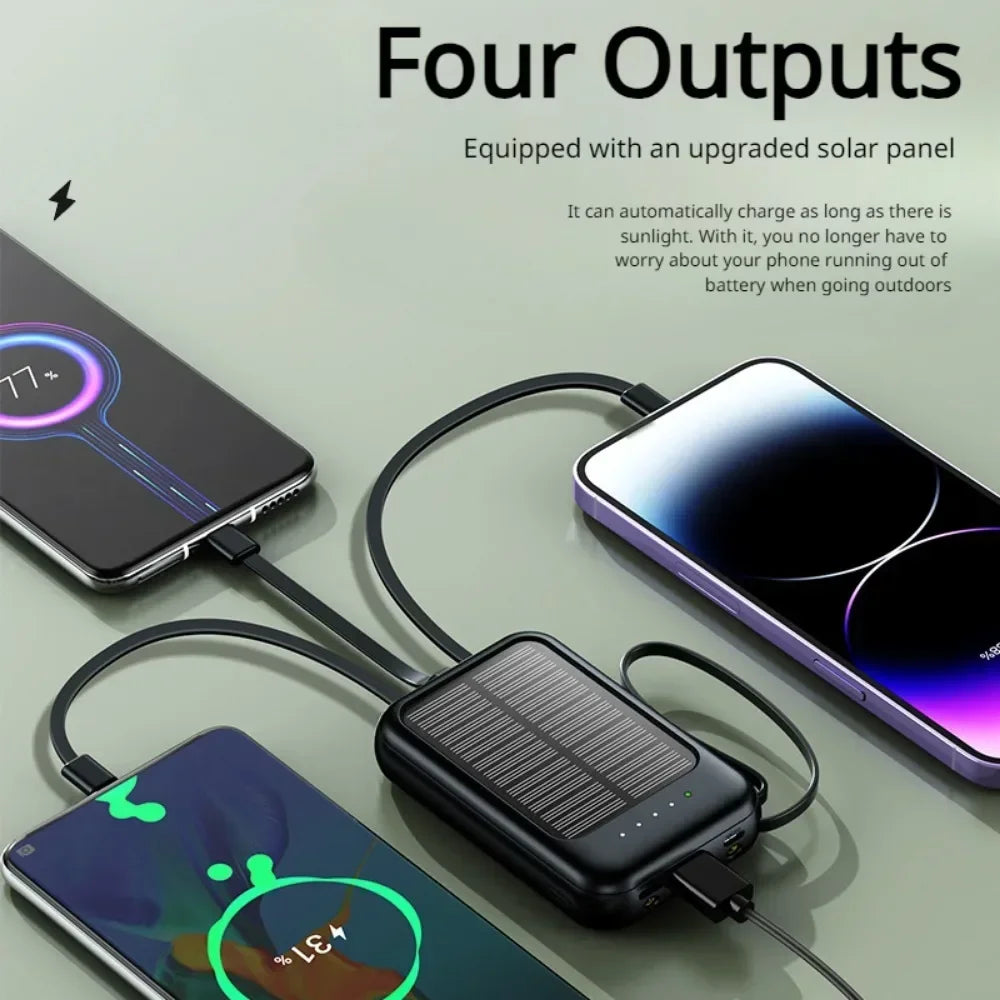 Big Capacity Fast Charging Phone Charger with 3 Built-in Cables Outdoor Power Bank Mini Powerbank External Solar Cells 10000mAh