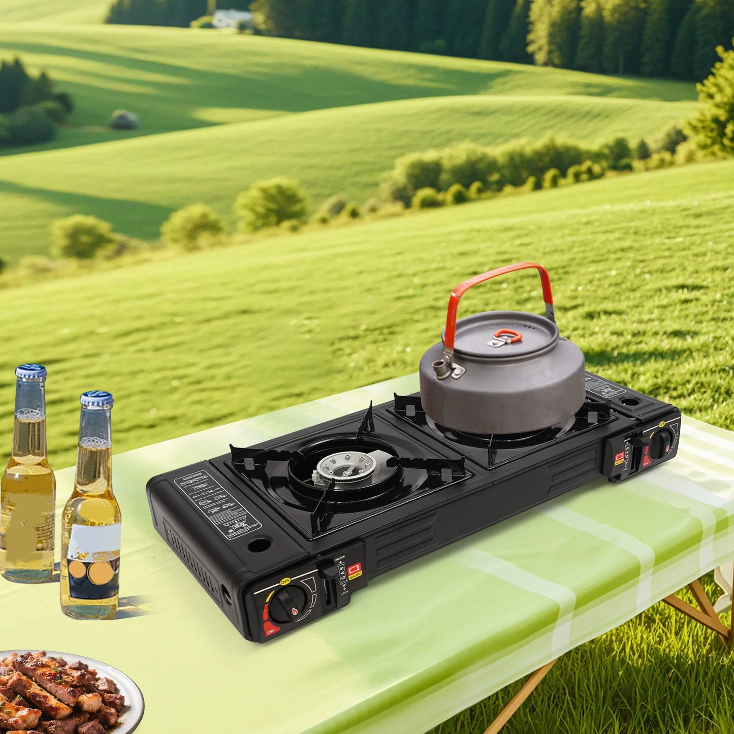 2500W Portable Camping Stove 2 Burners Camping Stove with Baking Tray&Portable Case use  Butane or LPG Home Application Outdoor