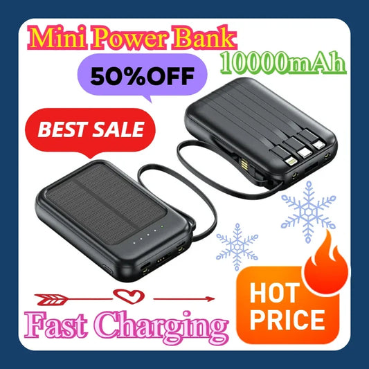 Big Capacity Fast Charging Phone Charger with 3 Built-in Cables Outdoor Power Bank Mini Powerbank External Solar Cells 10000mAh