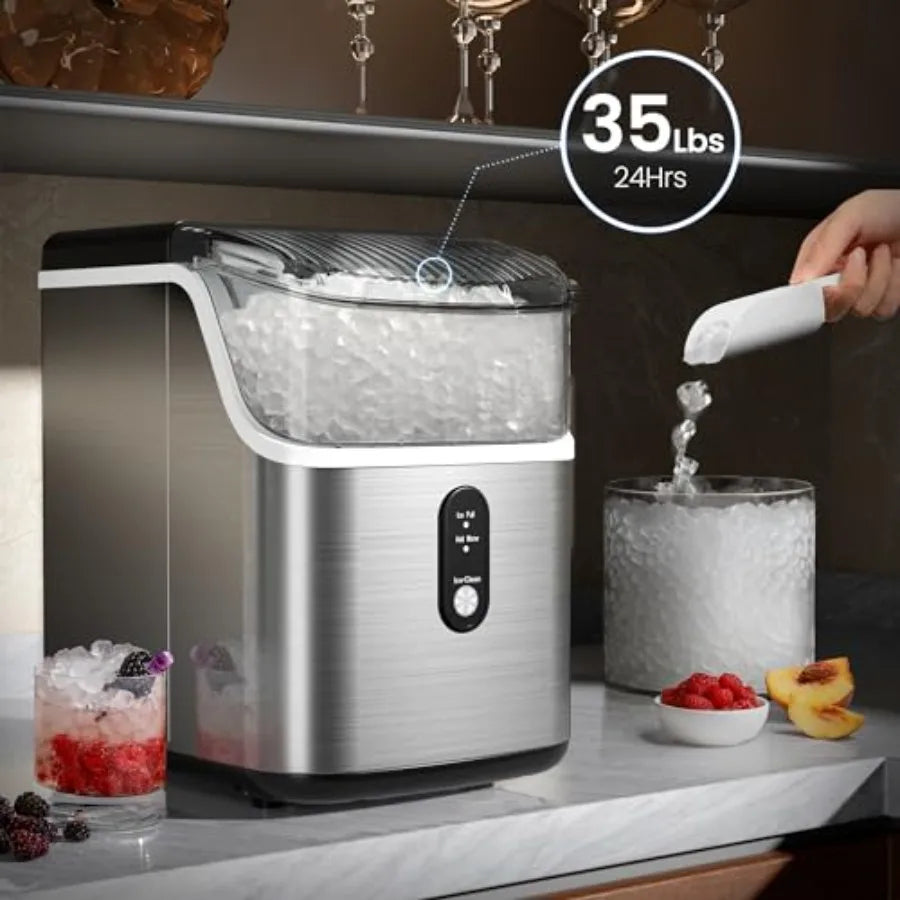 Nugget Ice Makers CountertopPebble Ice Maker Machine with Chewable Ice 35lbs/Day One-Click Operation Self-Cleaning Pellet Ice M