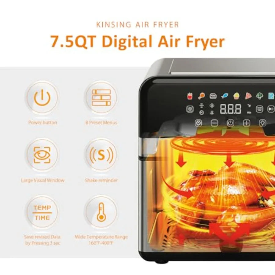 Air Fryer with Window Visible 8-in-1 Compact Large 7.5-Qt Up to 85 Less Oil Roast Bake Dry Reheat Frozen Broil 160-400 Even Res