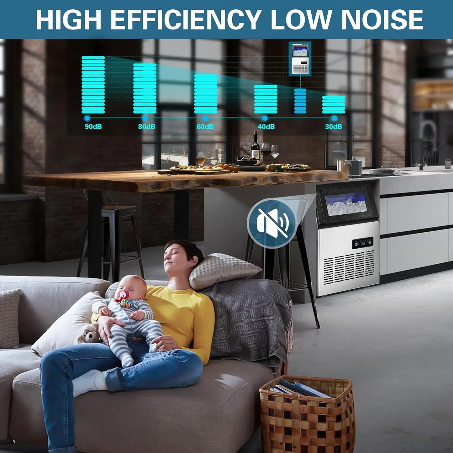 120LBS/24H, Stainless Steel, Adjustable Thickness, Self-Cleaning, Quiet, 40 Cubes/Cycle Commercial Ice Maker