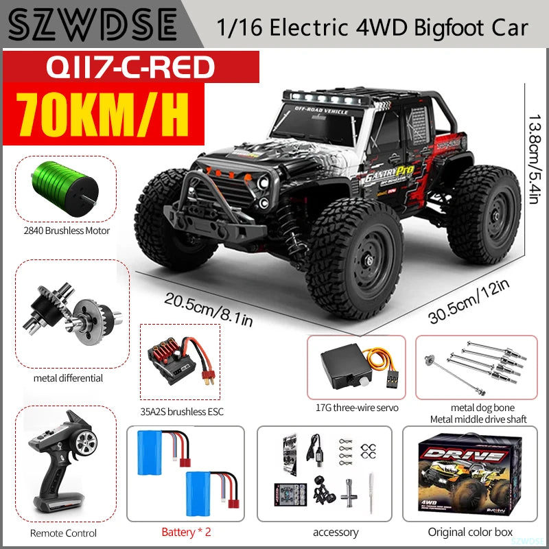 Wltoys Q117 1/16 RC Car 4WD Remote Control Car LED Headlights Brushless 70KM/H 2.4G High Speed Off-Road Drift Toys for Children