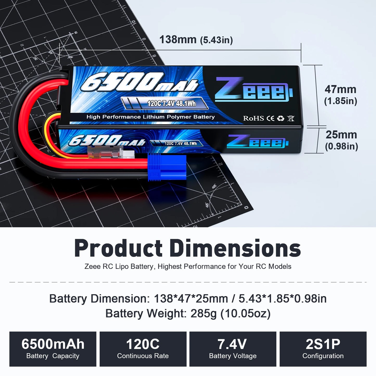 Zeee 2S 6500mAh Lipo Battery 7.4V 120C Hardcase with EC5 Plug for RC Car Truck Tank Truggy Boat Vehicles RC Racing Hobby Models
