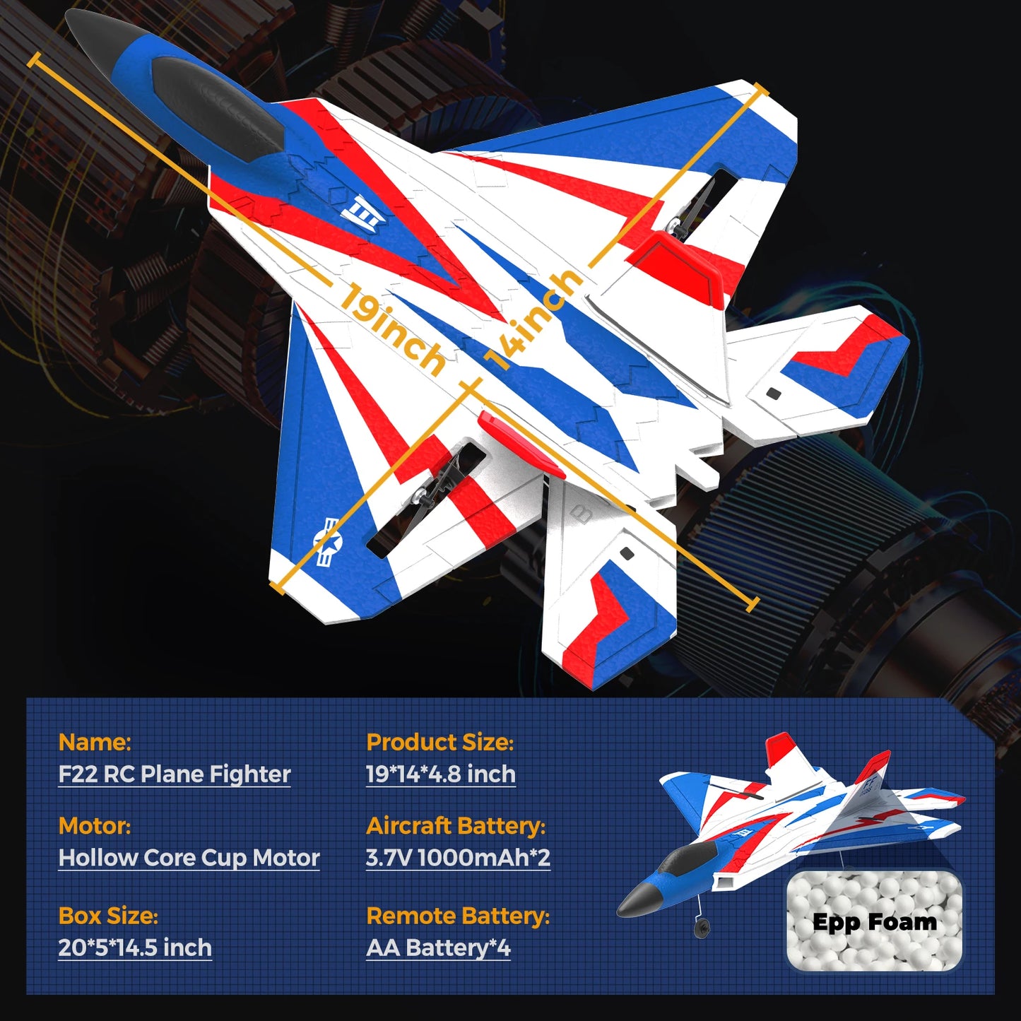 F22 Remote Control Airplane 4 Channel with Lights, 2.4G Fighter RC Plane with 3 Flight Modes for Beginners - RTF