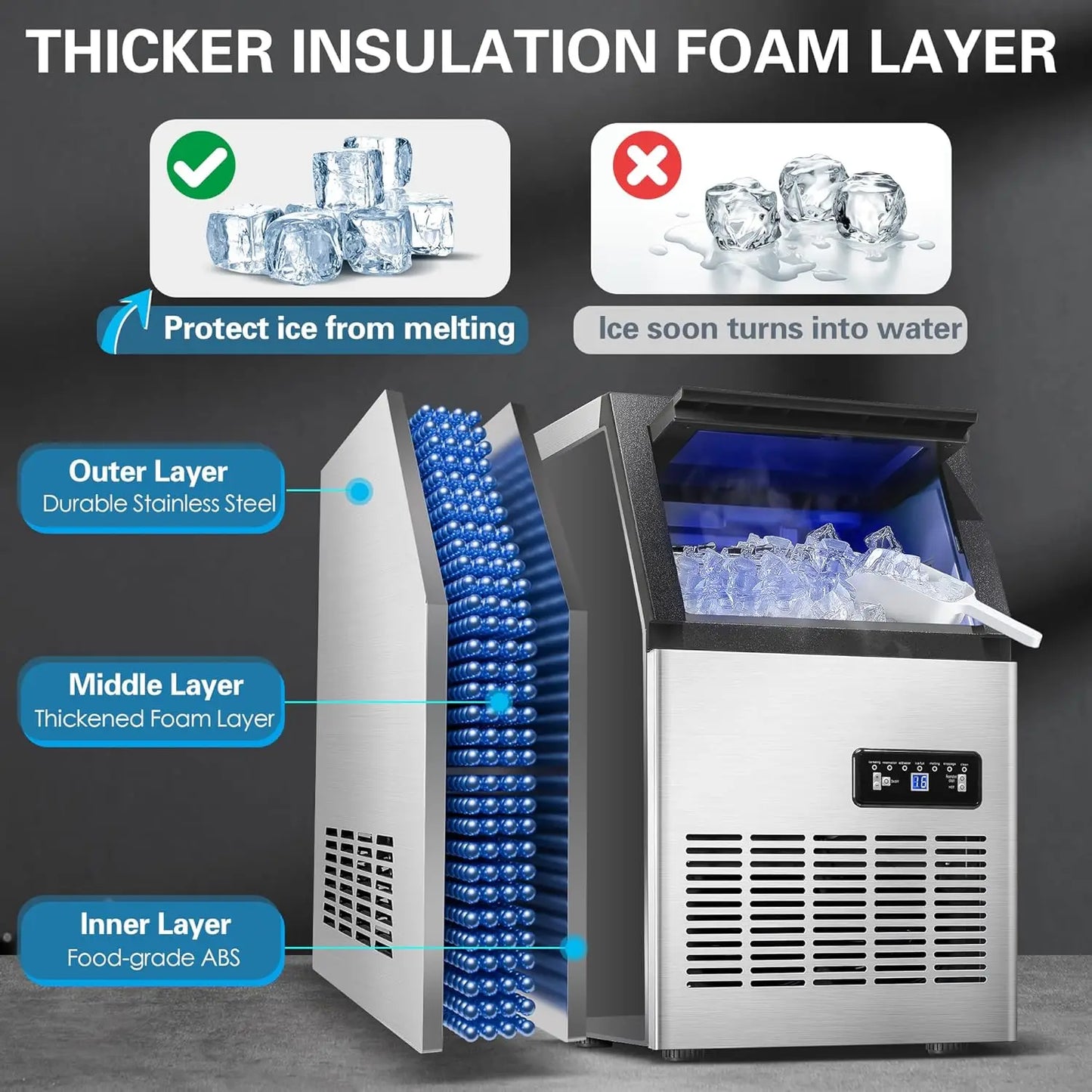 120LBS/24H, Stainless Steel, Adjustable Thickness, Self-Cleaning, Quiet, 40 Cubes/Cycle Commercial Ice Maker