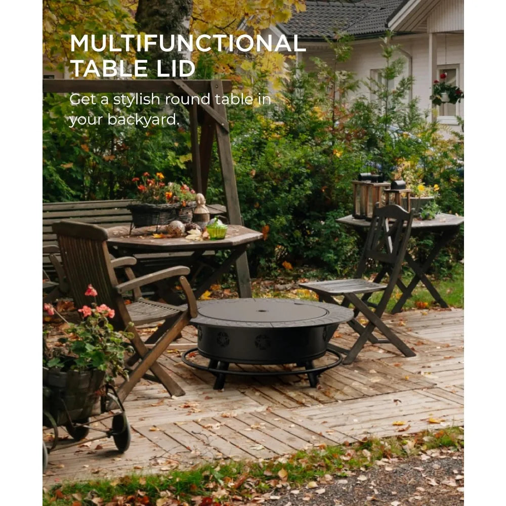 43 Inch Fire Pit with BBQ Grill,  for Outside with Lid & Poker, Extra Large Heavy Duty Firepits,Wood Burning Fire Pits