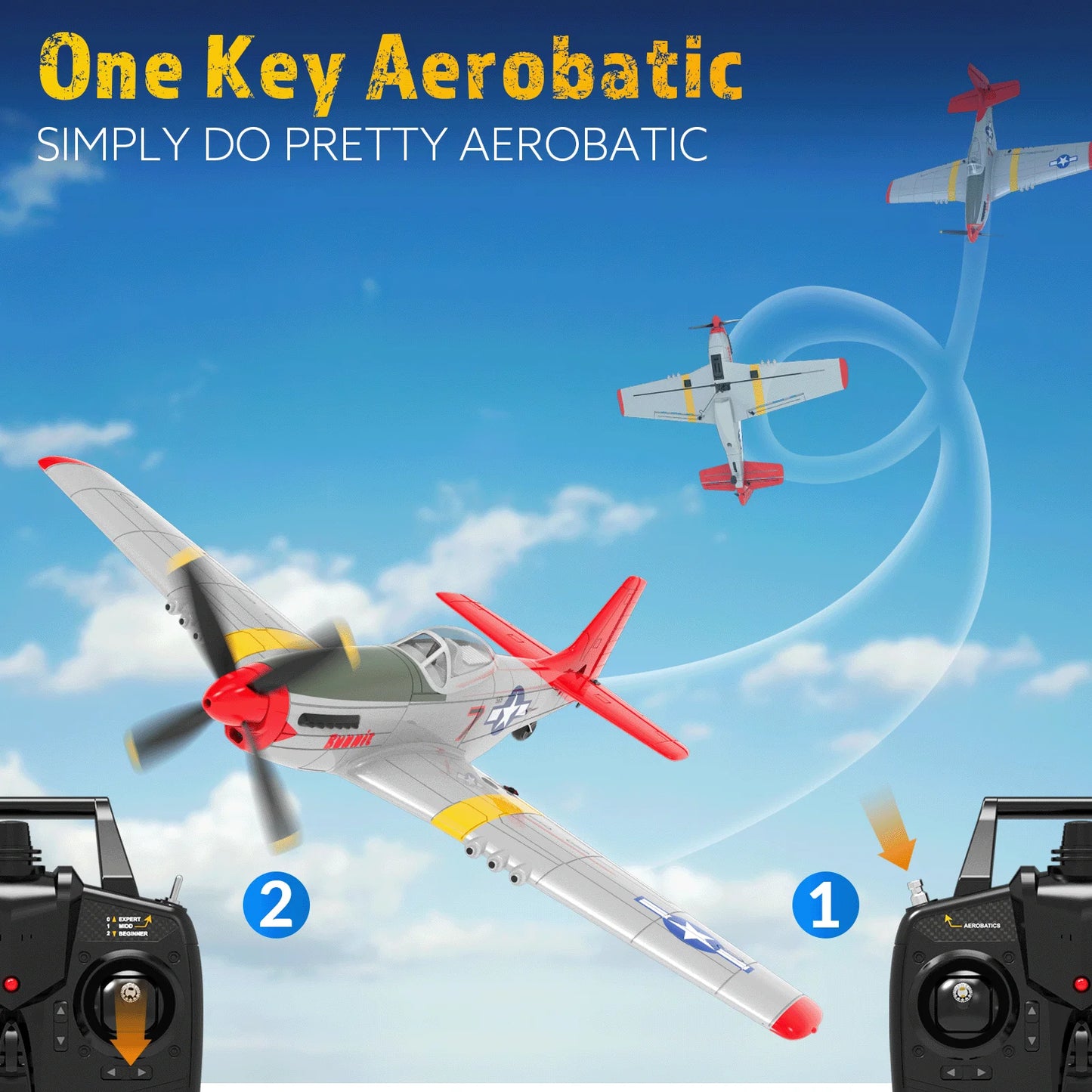 Volantex RC Plane, 4-CH P-51D Mustang RC Airplane,3 Flight Modes,One-Key Aerobatic, RTF Ideal Park Flyer, Suitable for Gifts