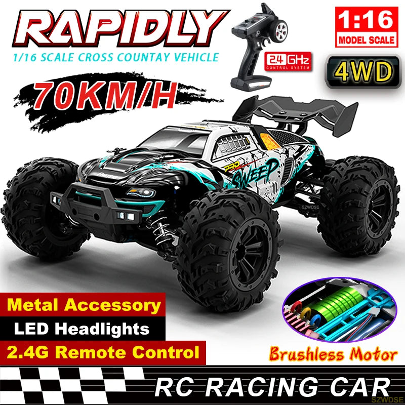 Wltoys Q117 1/16 RC Car 4WD Remote Control Car LED Headlights Brushless 70KM/H 2.4G High Speed Off-Road Drift Toys for Children