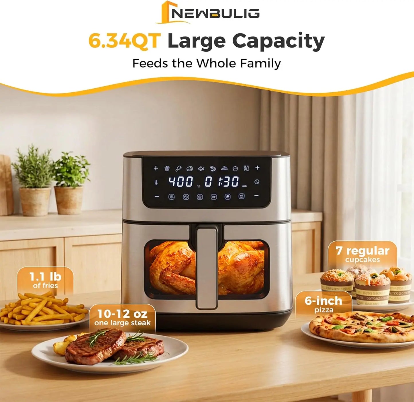 6.34QT Air Fryer with Visible Window, 400℉ Fast Heating, Nonstick Dishwasher-Safe Basket, 8-in-1 Presets