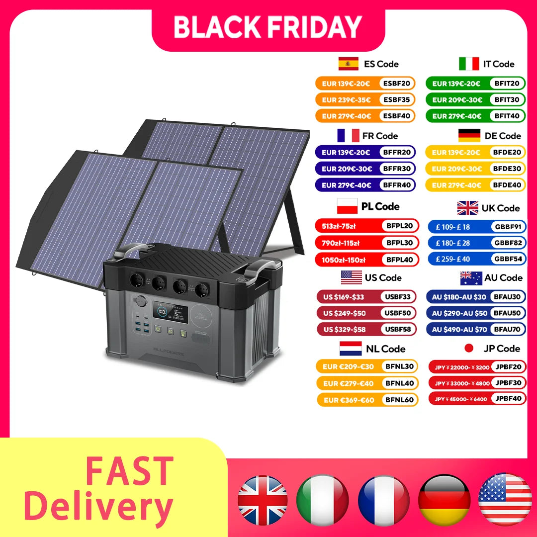 ALLPOWERS Solar Generator 2400W Battery Charger,110V/230V Pure Sine Wave AC Outlet With 2×100W Portable Solar Panel For Outdoors